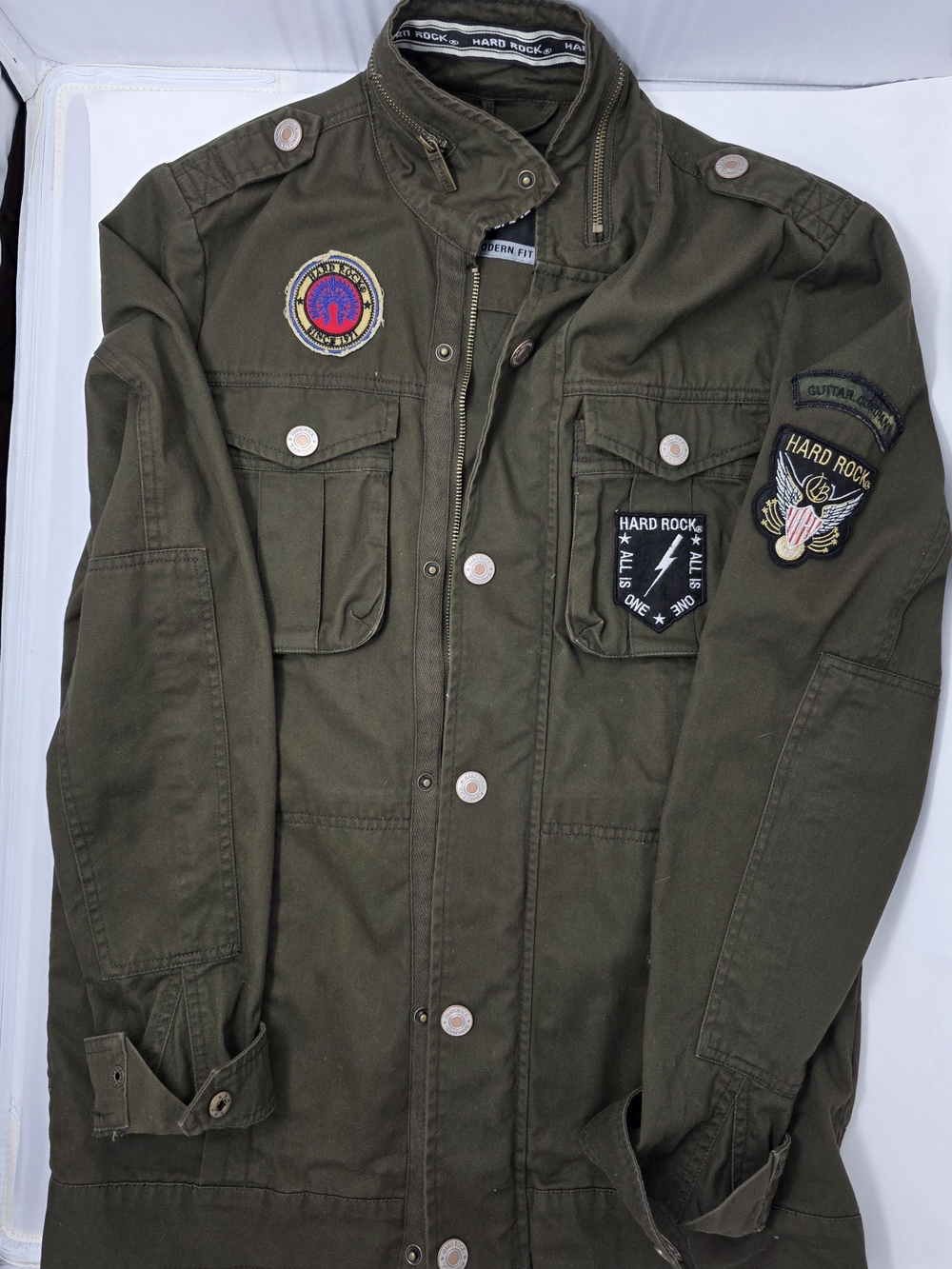 Hard Rock Cafe Olive Military Field Jacket with Patch Accents
